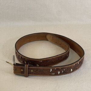 Vntg HAND TOOLED Leather‎ Belt Brown W/Buckle Hearts Cowgirl Western Rodeo